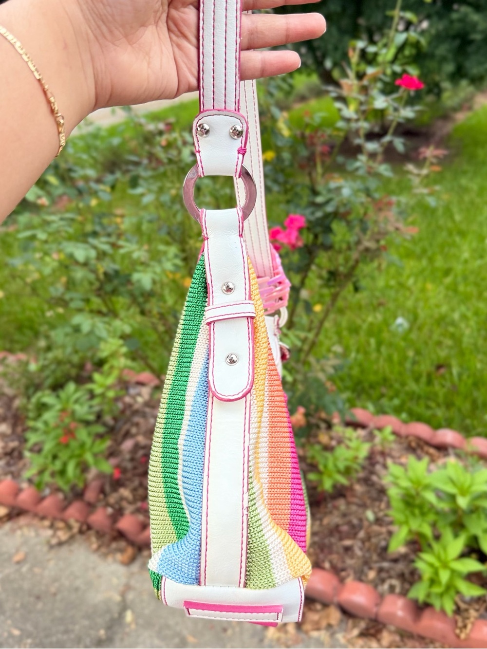 The Sak Rainbow Stripe Kids Shoulder Bag with Pink Plush Charm - Picture 5 of 13